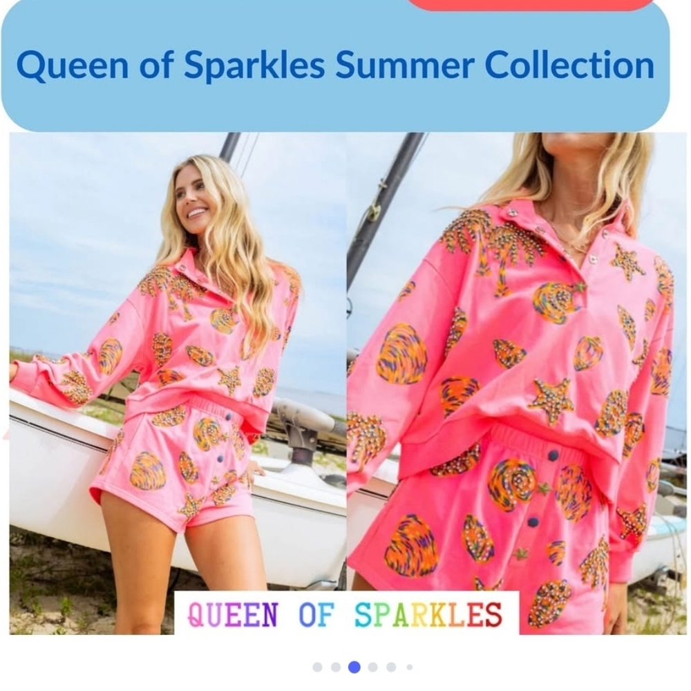 Queen Of Sparkles Embellished Neon Pink Beach Motif Sweatshirt